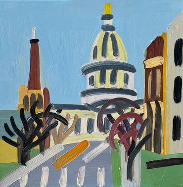 Abstract painting of a cityscape with dome and trees.