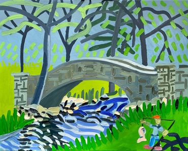Colorful painting of a stone bridge over a flowing stream with a person fishing nearby.