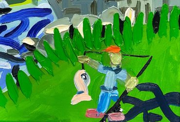 A colorful abstract painting with a figure and green shapes.