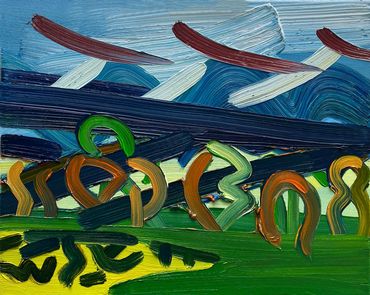 Abstract painting with bold strokes and vibrant colors.
