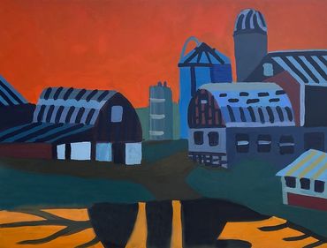 Abstract painting of a farm at sunset with vivid colors.