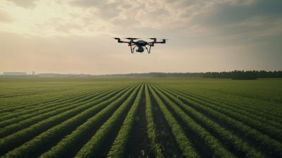 Drone flying over a green field at sunset.