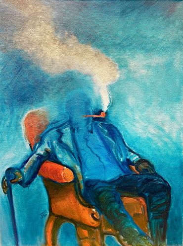 man with pipe painting. Munch painting. expressionism. cool original art. orange and blue art.