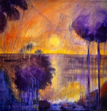 beautiful purple painting art. gorgeous sunset painting. abstract sunset painting by Lawrence.