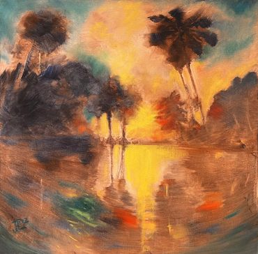 palm tree painting, sunset painting original colorful painting by John Lawrence.