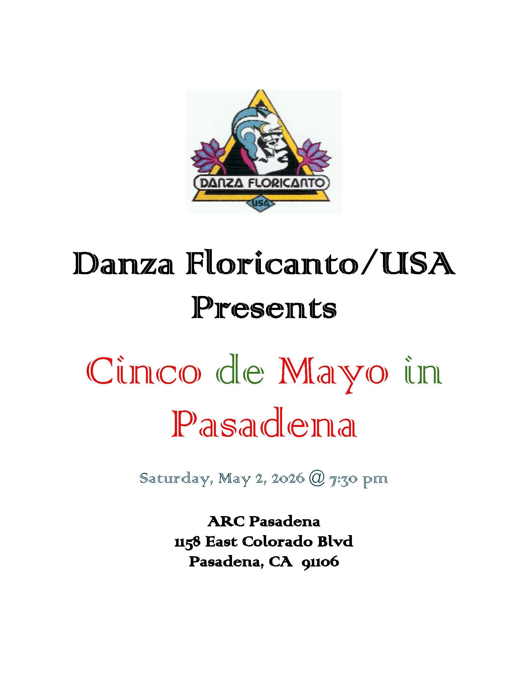 Flyer for Danza Floricanto/USA Cinco de Mayo event in Pasadena.