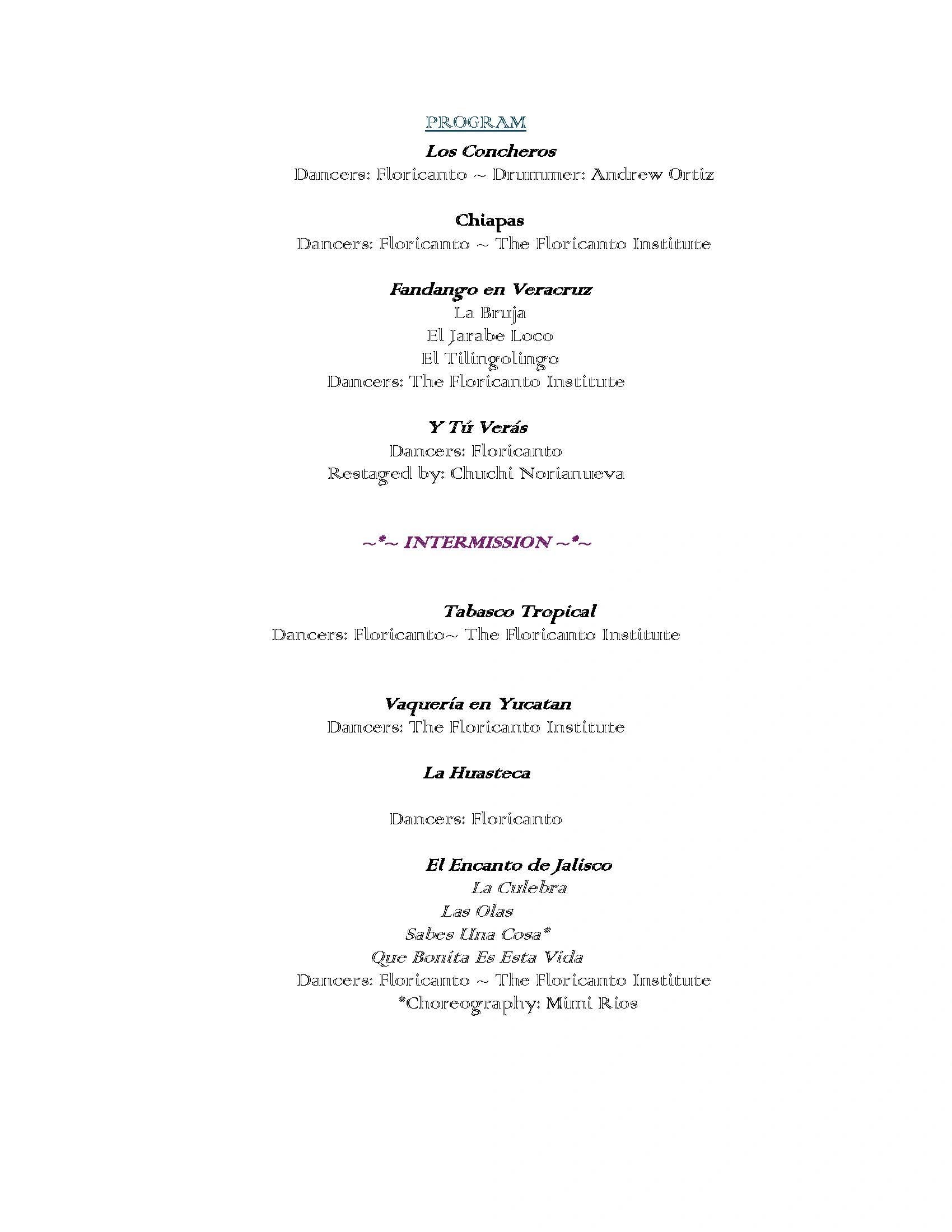 Program listing traditional dances by Floricanto and The Floricanto Institute, including intermission.