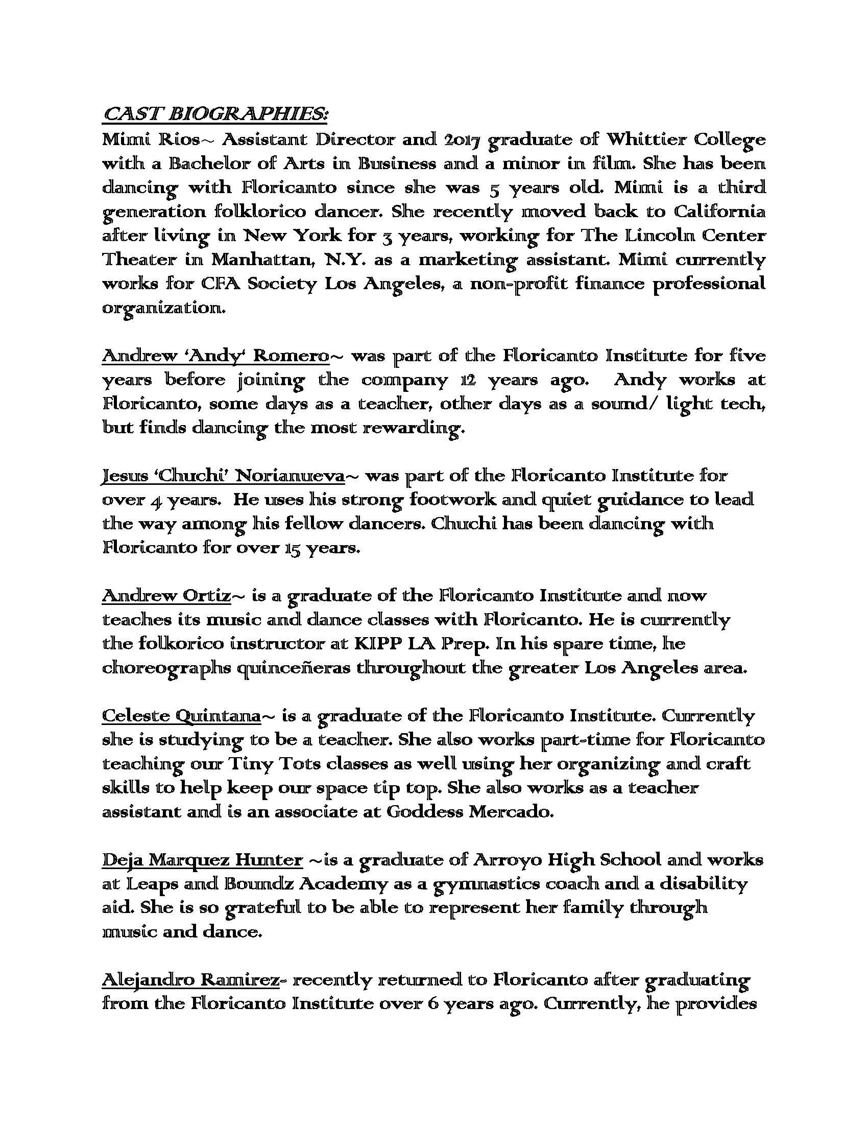 Text document listing biographies of Floricanto Institute cast members.