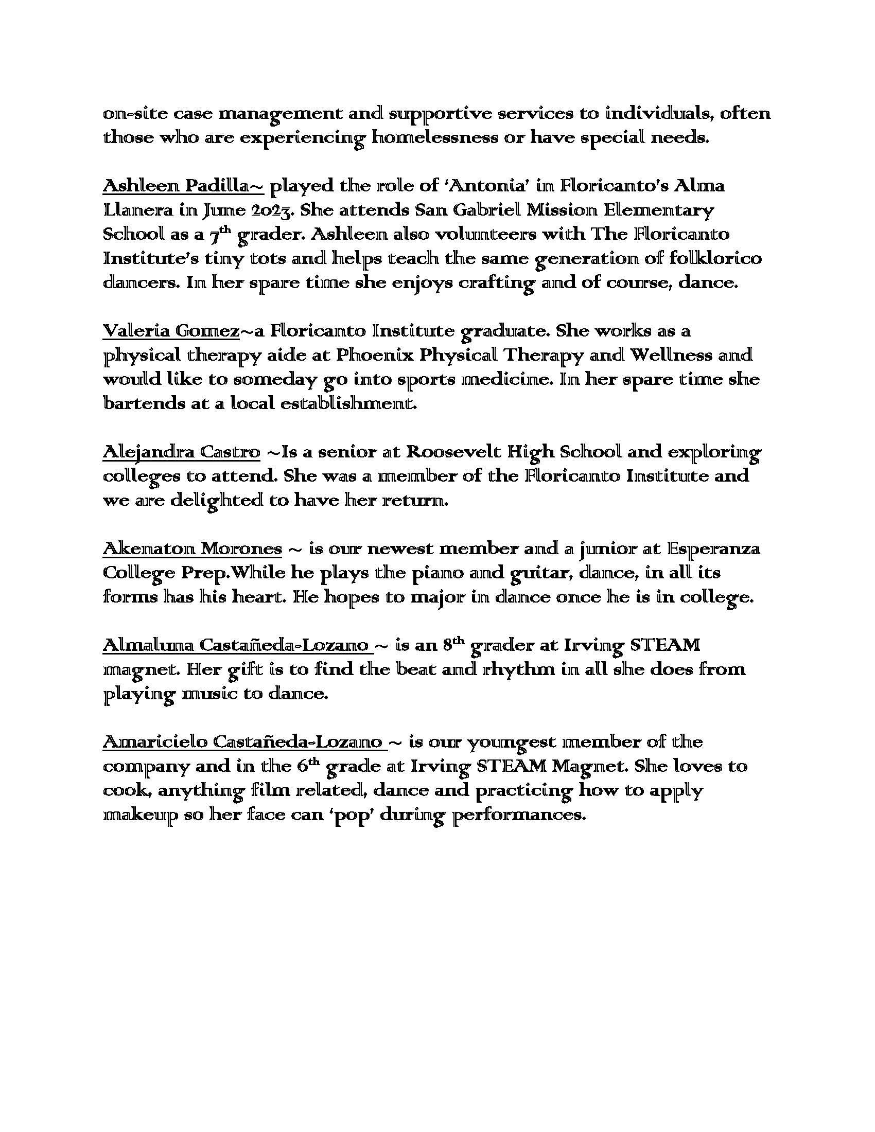 Biographies of Floricanto Institute members highlighting their education, interests, and roles.