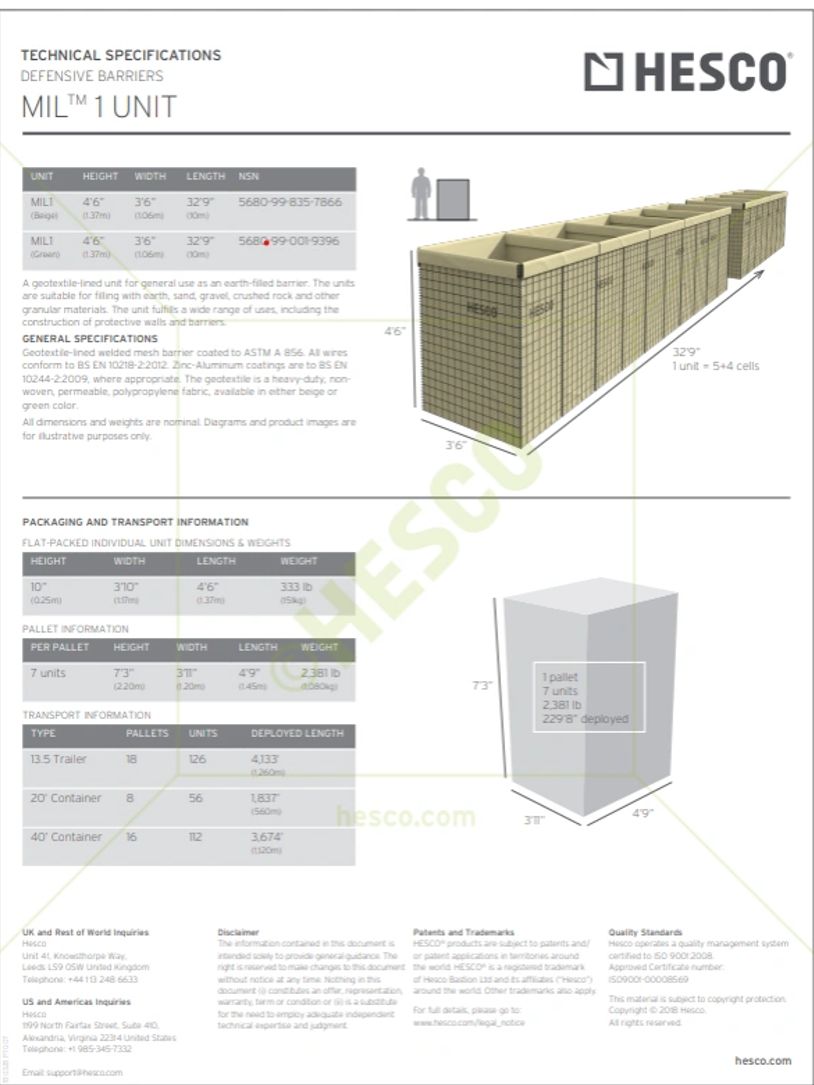 Technical specifications for HESCO MIL 1 Unit defensive barriers with dimensions and transport info.