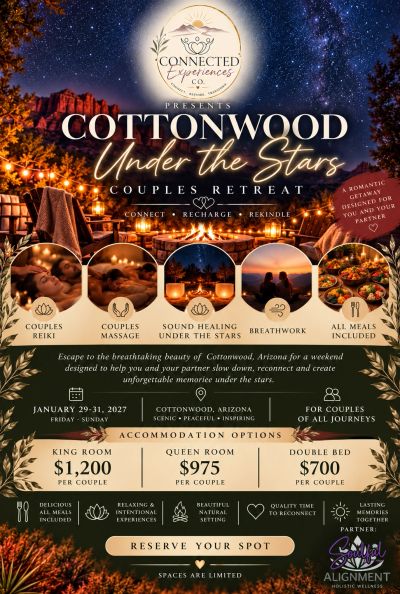 Romantic couples retreat in Cottonwood under the stars with massages, reiki, sound healing, and meals.