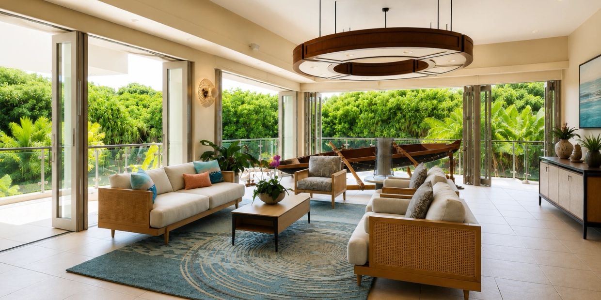 Spacious living room with open glass doors and wooden furniture.