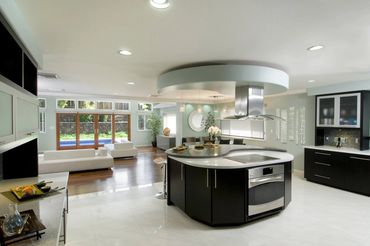 Modern flat doors waterfall marble quartz cabinet  mid century coastal contemporary interior design