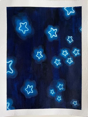 Glowing blue star shapes on a dark background.
