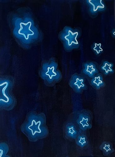 Glowing blue star shapes scattered on a dark background.