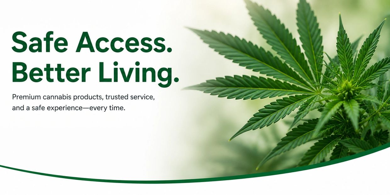 Cannabis leaf with text promoting safe, premium cannabis access and better living.
