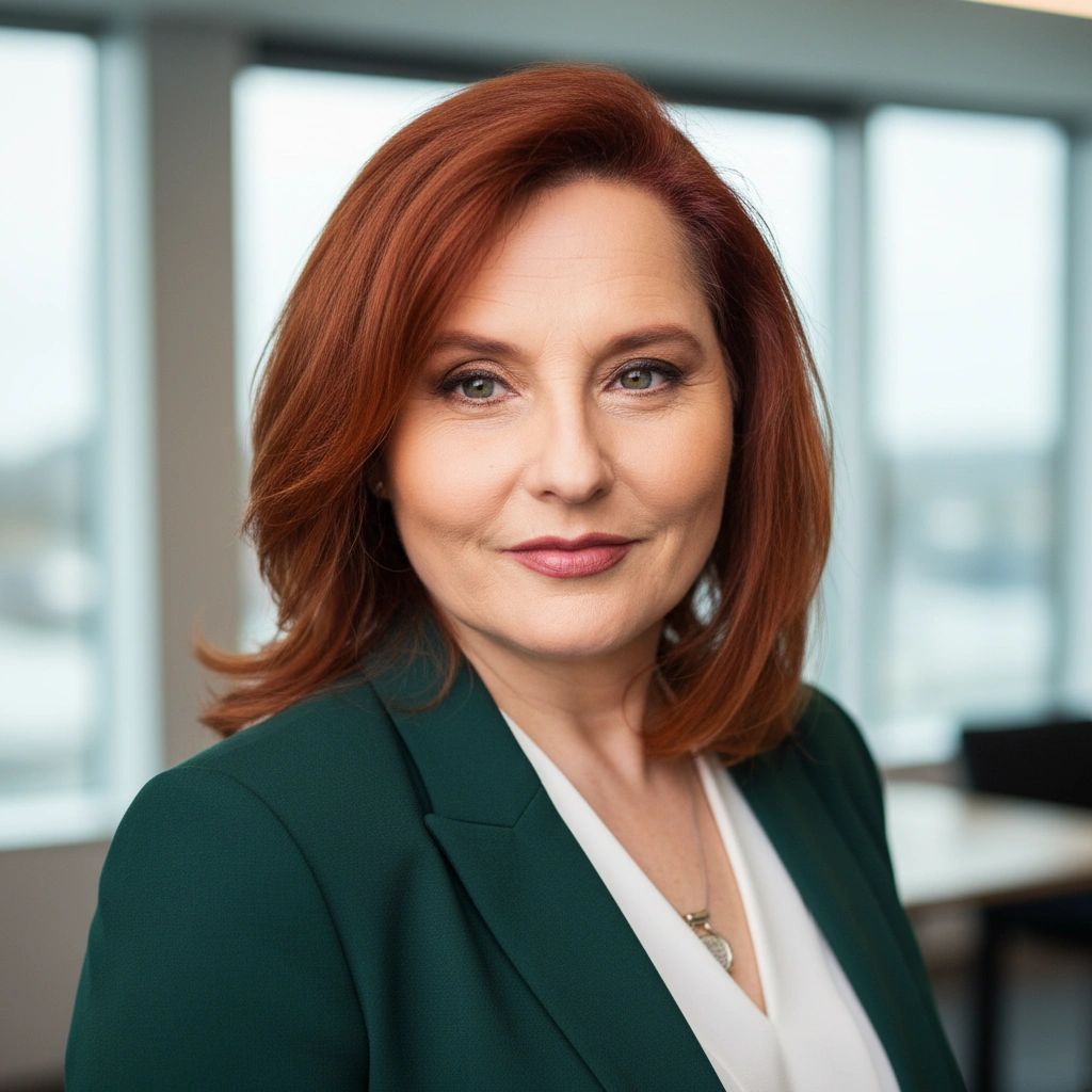 Professional woman with red hair in green blazer smiles confidently.