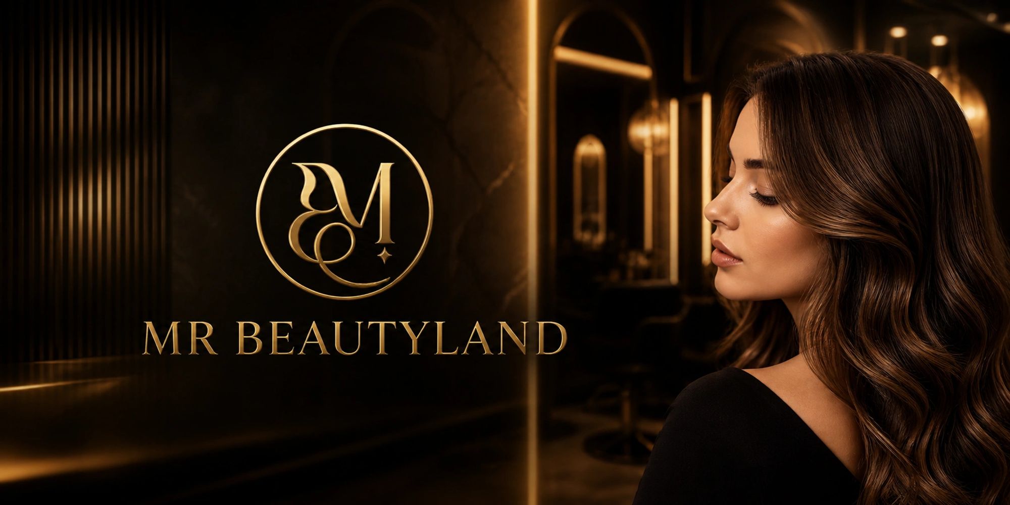 Elegant woman with styled hair beside a luxurious MR BEAUTYLAND logo in a dark, sophisticated setting.