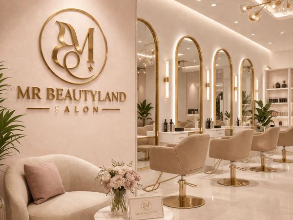 Elegant beauty salon interior with gold accents and plush seating.