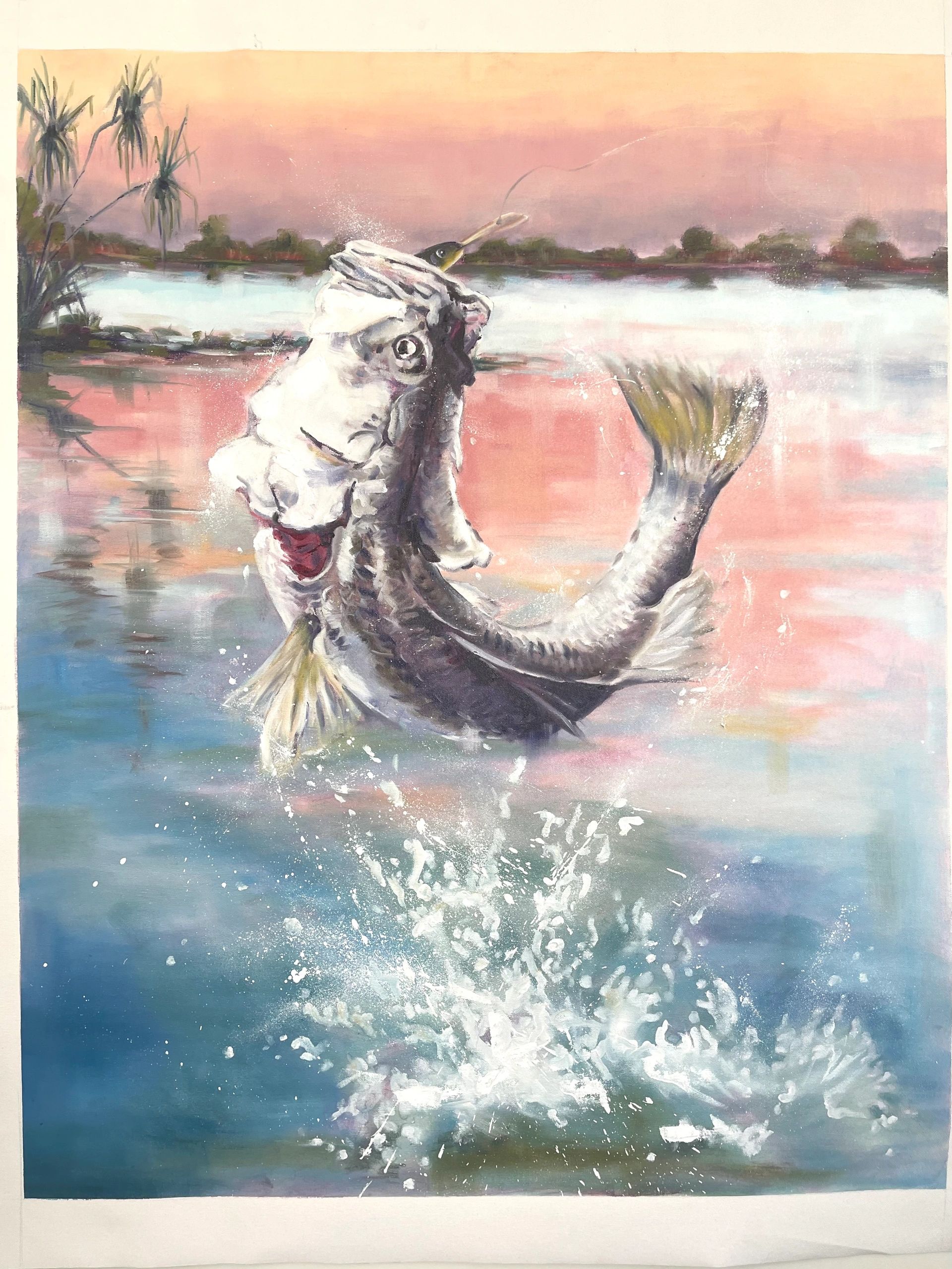 Painting of a fish leaping from water at sunset.