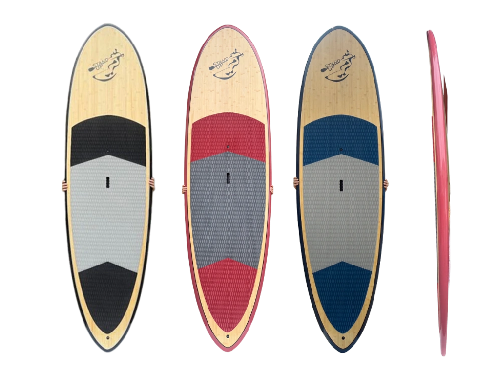 9'5" Bamboo Bomber stand up paddleboards with red, blue, and black rails paddle boards.