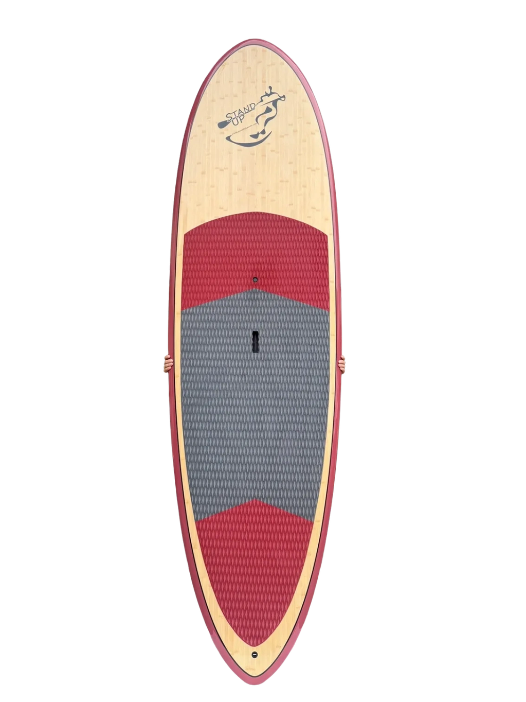 9'5" Bamboo Bomber performance paddle board with chilli pepper red rails surf SUP paddleboards.