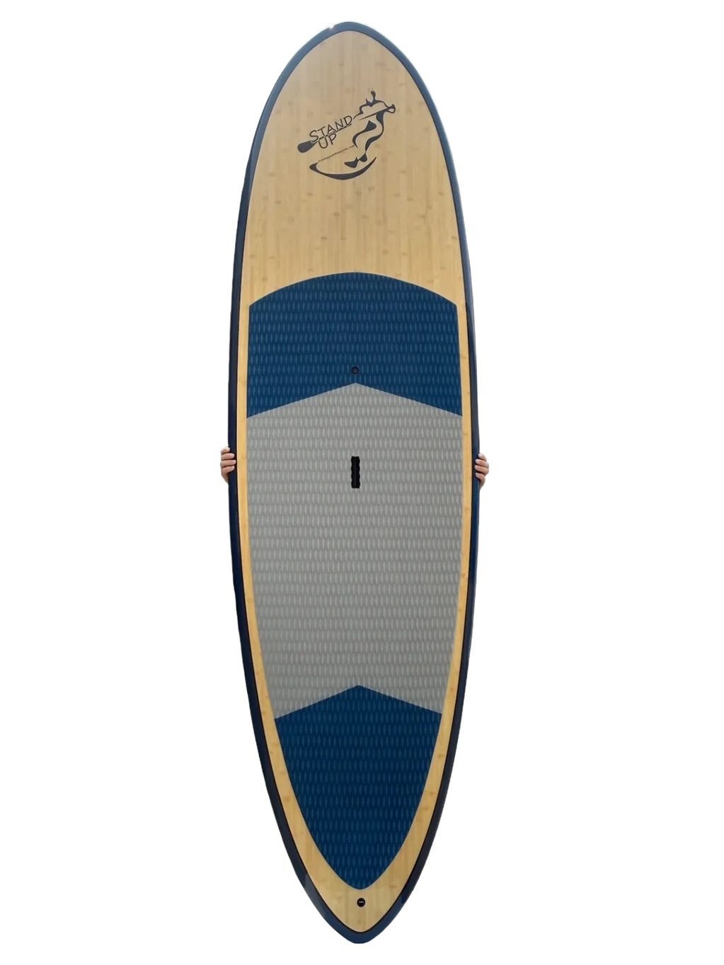 9'5" Bamboo Bomber crossover surf paddle boards with indigo blue rails stand up paddleboard.