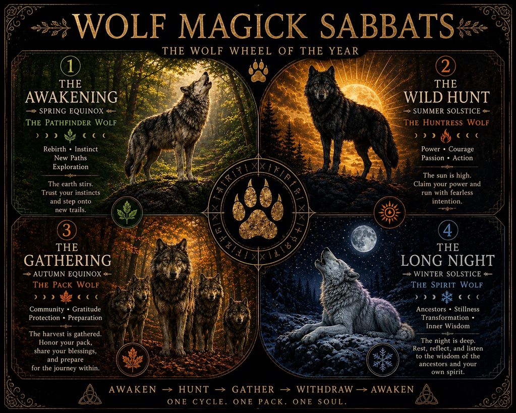 Illustration of wolf-themed seasonal sabbats with symbolic meanings.