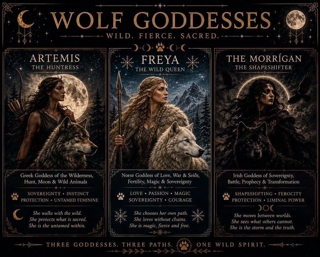 Wolf goddesses Artemis, Freya, and The Morrígan with their traits and powers.