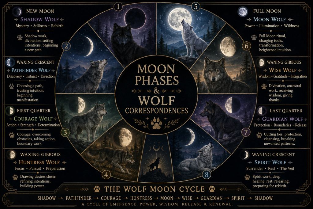 Illustration of wolf phases corresponding to moon phases and their meanings.