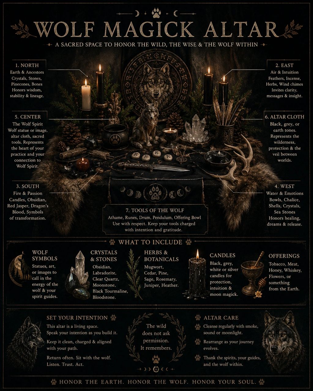 Wolf Magick Altar guide with elements, tools, and care instructions.