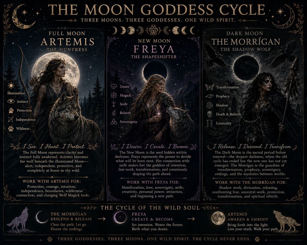Illustration of the Moon Goddess Cycle featuring Artemis, Freya, and The Morrígan with their traits and roles.