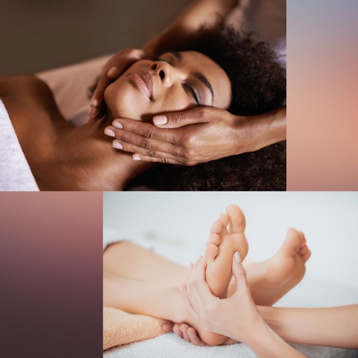 Woman enjoying a facial massage and an image showing a reflexology treatment