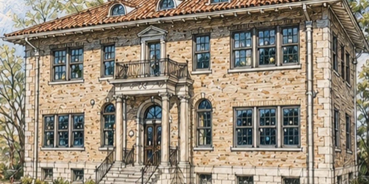 Large stone house with columns and multiple windows.