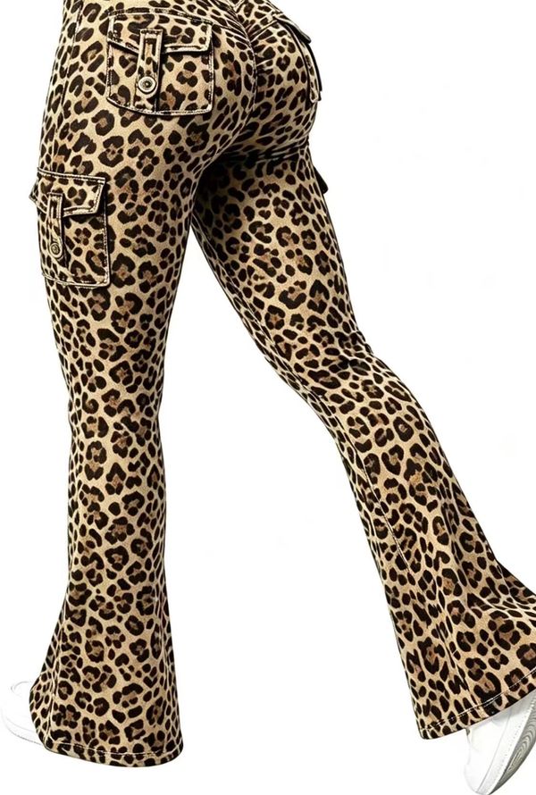 Leopard print flared pants with pockets.