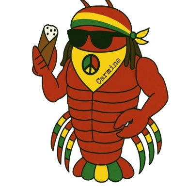 Cool lobster wearing Rastafarian colors and sunglasses holding an ice cream cone.
