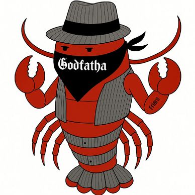 Cartoon lobster dressed as a mobster with a hat and bandana.