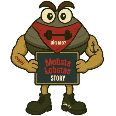 Cartoon lobster with muscles holding a Mobsta Lobstas Story sign.