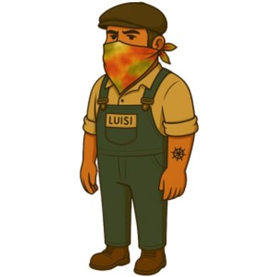 Cartoon character named Luisi wearing overalls and a bandana covering his face.