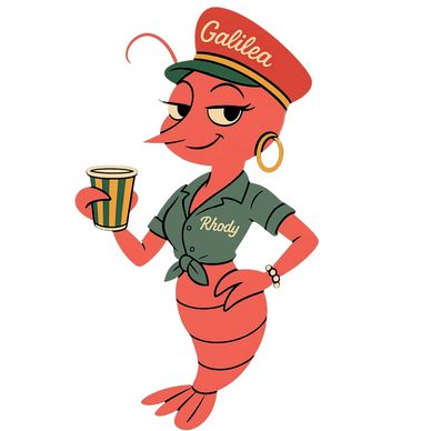 Cartoon shrimp character wearing a cap and holding a drink.
