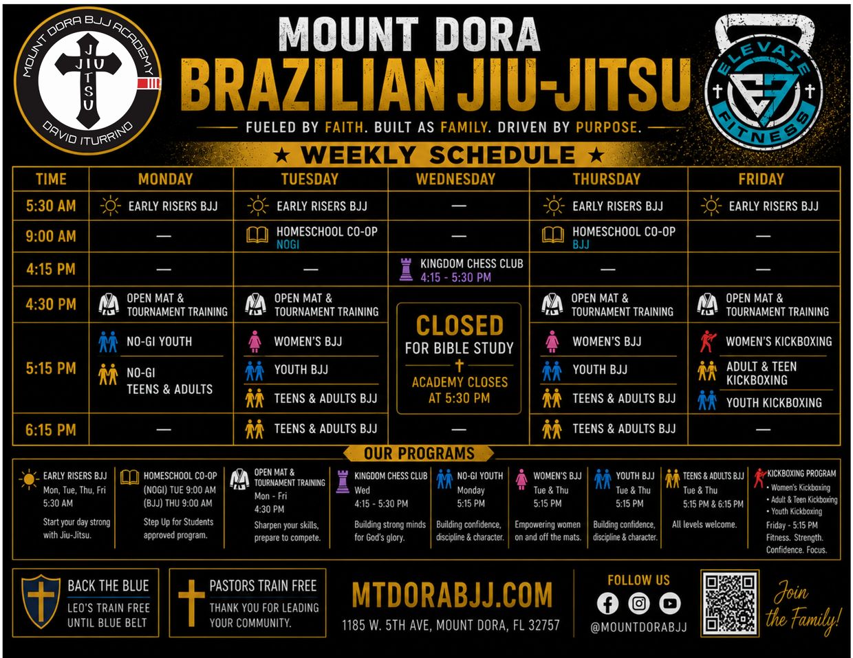 Mount Dora Brazilian Jiu-Jitsu weekly schedule and programs.
