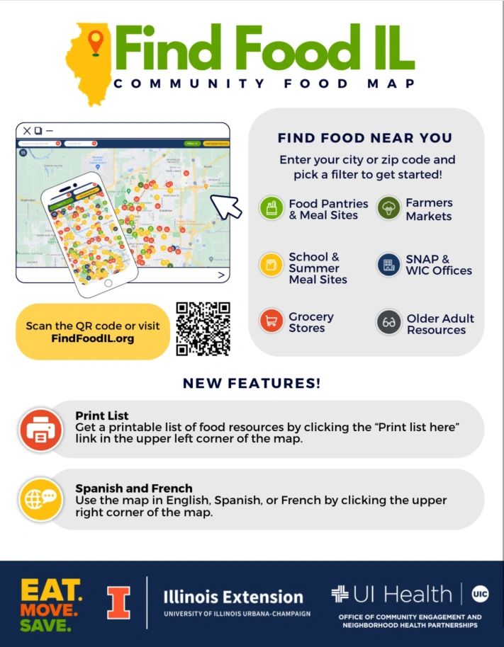 Find Food IL offers a community food map for Illinois with various food resources and new features.