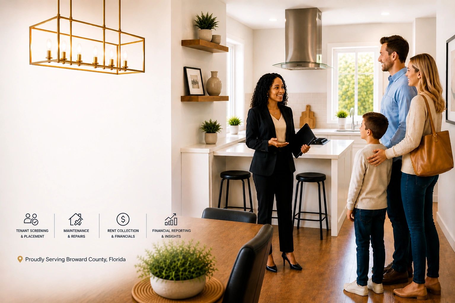 Property manager with portfolio consulting young family in modern kitchen, Broward County FL.