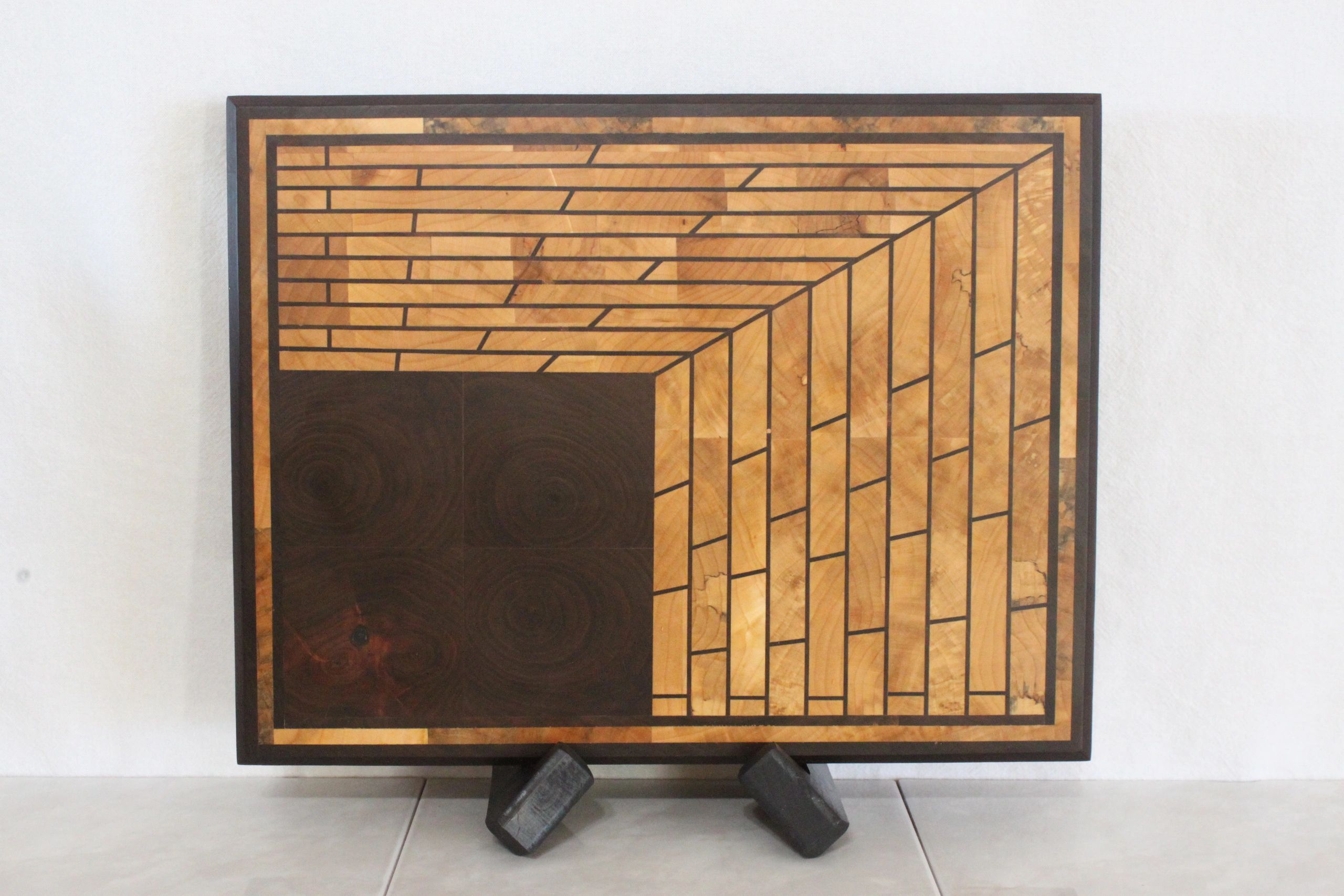 Abyss, End-grain board, made from walnut and spalted maple.  Size 16 3/4 x 13 x 1 5/8