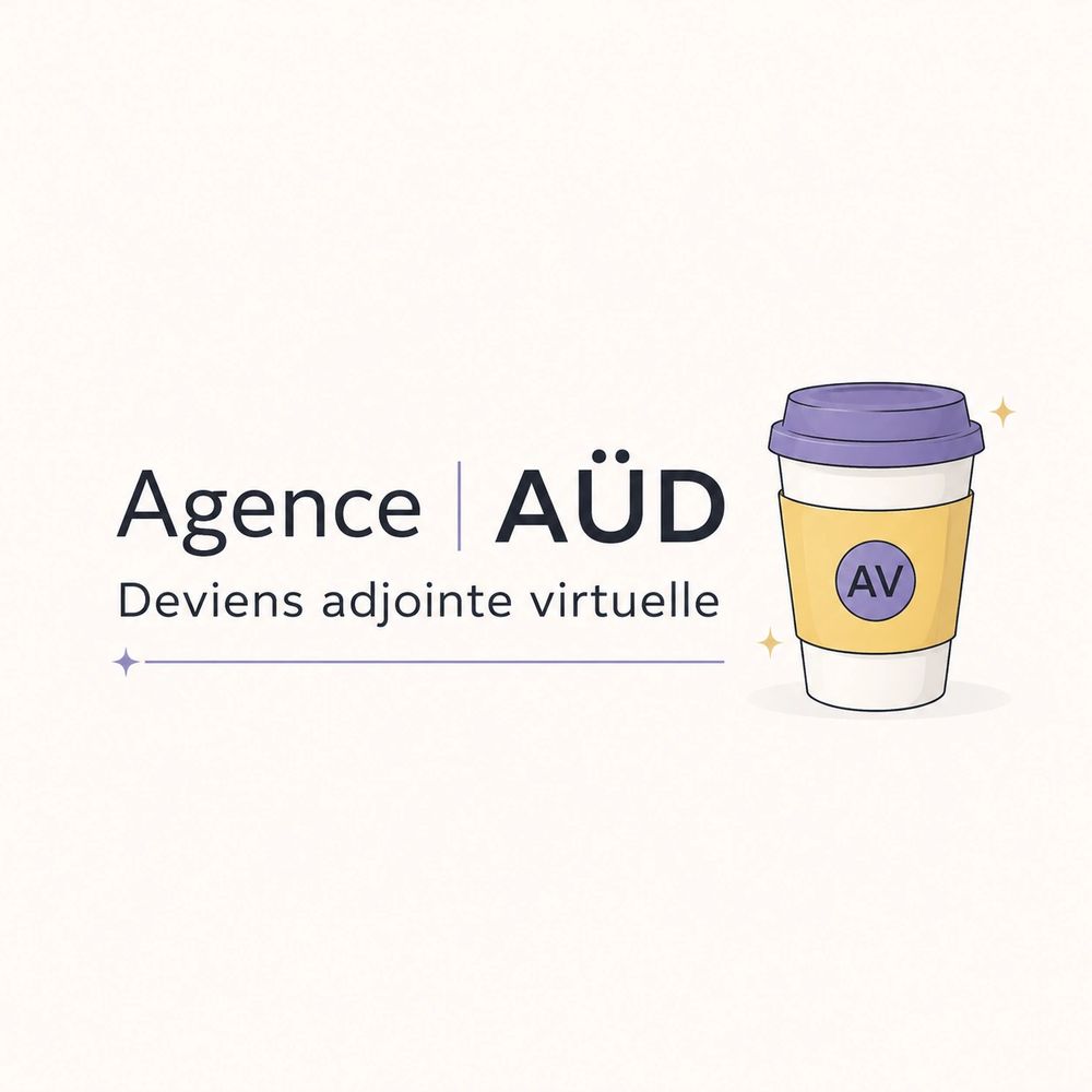 Logo of Agence AÜD with coffee cup, promoting virtual assistant roles.