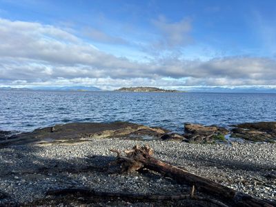 Rocky shoreline with calm water and distant island.