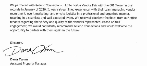 Letter recommending Kelleric Connections for vendor fair partnership in 2026.