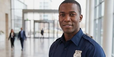 Confident security officer in uniform at a modern building entrance.