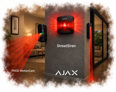 Ajax security devices with red alert signals installed on a building corner.