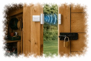 Wireless security sensor installed on a wooden door with a padlock.
